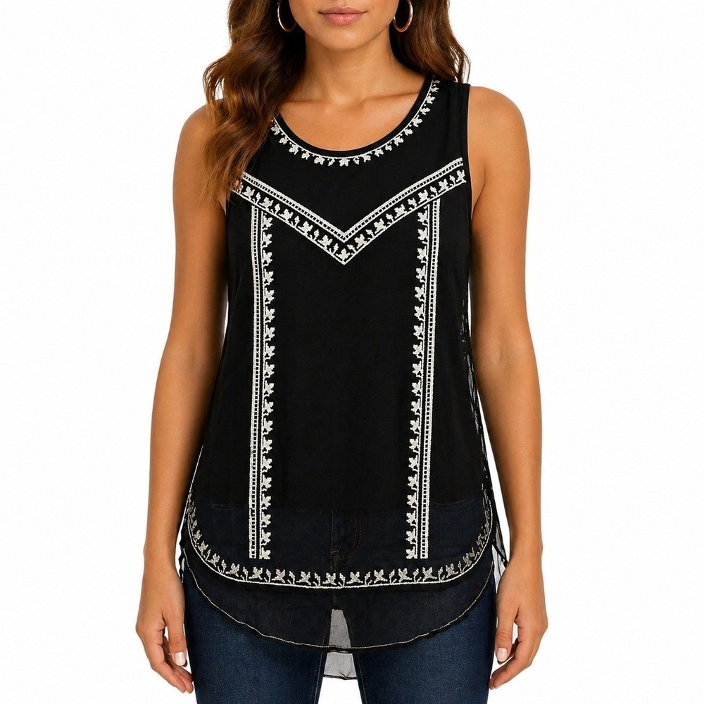 Alfani Blouse Womens PM Petite Womens Black Embroidered Mesh Layered Sleeveless
